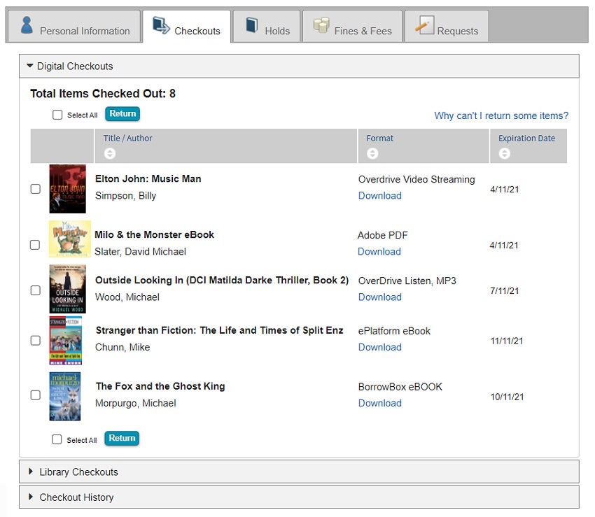 Image showing digital or eLibrary loans in my account checkout tab. 