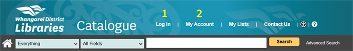 Image of the Library Catalogue navigation area showing the log in and my account links. 