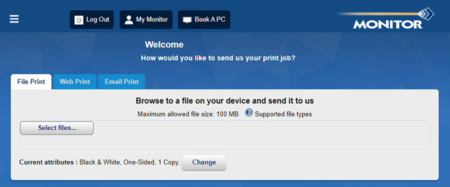 Picture of My Monitor print dashboard showing the 3 tabs for sending jobs to a printer at the library.