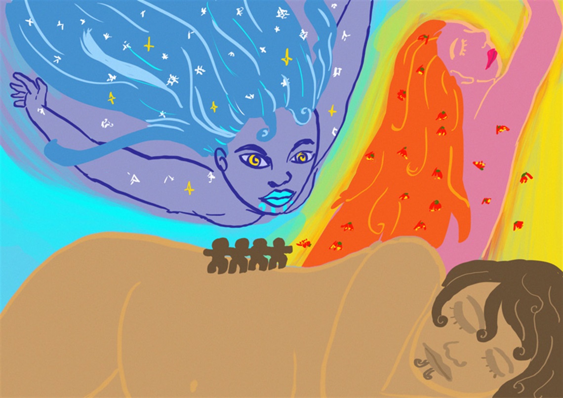 Painting by Toi Rankin. Kua tae mai a Hine Takurua, kua wehe atu a Hine Raumati.  E tū ana ngā wāhine i runga i a Papatūānuku. The arrival of Hine Takurua and the departure of Hine Raumati. The 4 Mana Wāhine speakers are standing on Papatūānuku. 