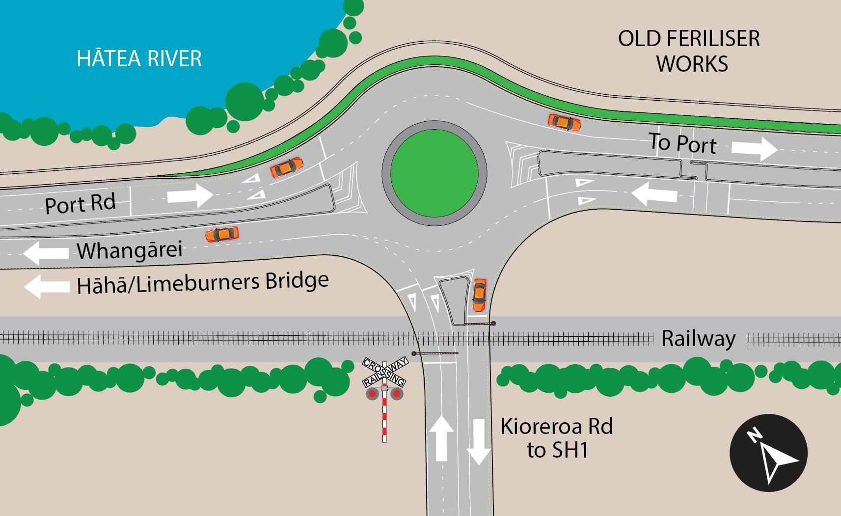Illustrated map showing a roundabout at the intersection of Port Road and Kioreroa Road.