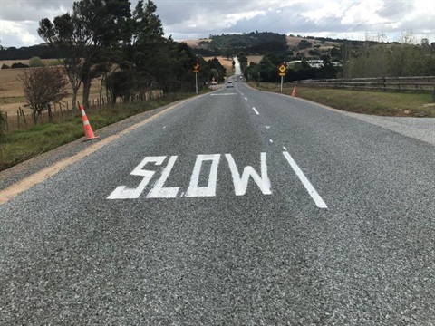 An image showing SLOW sign on the road. 