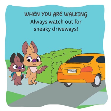 Page from 'Road Safety with Pekapeka' book about driveway safety. 