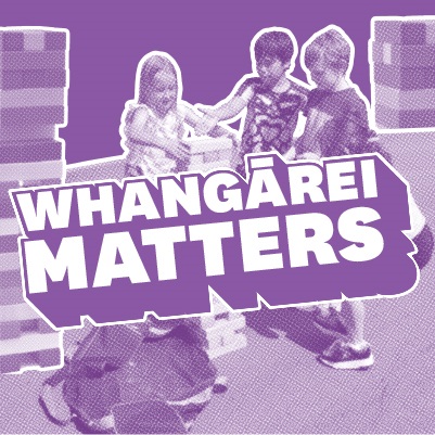 Three children playing among large block structures, with a purple overlay and bold white text that reads 'Whangārei Matters.' 