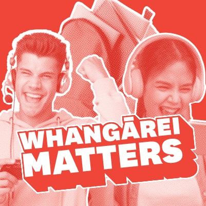 Two people, one wearing headphones and the other holding a microphone, in front of a red background with white outlines. Bold white text at the bottom reads 'Whangārei Matters.' 