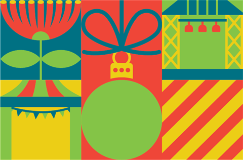 Image of brightly coloured Christmas related icons including a present, bauble and pohutukawa tree flower.  