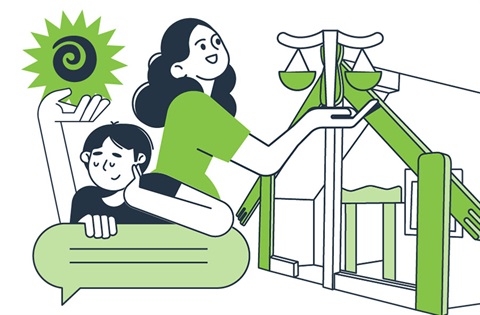 An illustrated graphic with a man and a woman and some scales and a marae. 