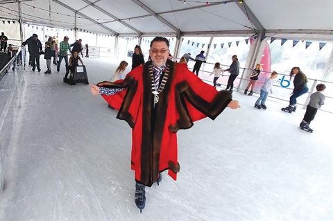 The Mayor skating on the ice rink at Semenoff Stadium held in  Whangārei in July 2023. 