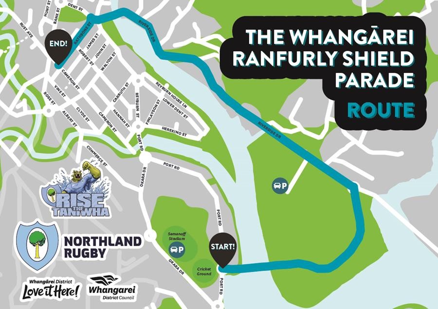 Map showing Ranfurly Shield Parade route from Te matau a Pohe bridge to Whangarei CBD via Riverside Drive. 