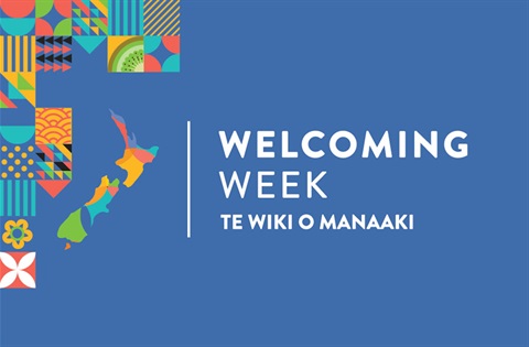 A graphic with colourful patterns and a map of New Zealand and the words 