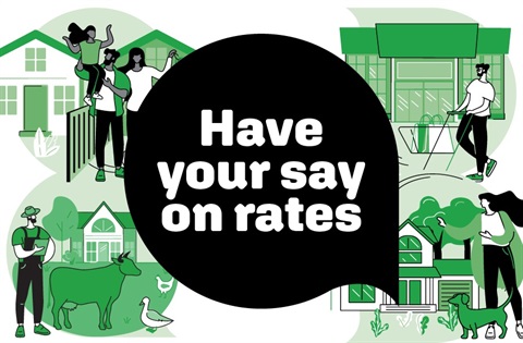 Graphic with community scenes and a central speech bubble saying ‘Have your say on rates options for the Annual Plan 2026–27 consultation. 