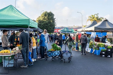 A busy outdoor market with multiple canopy stalls on both sides, with people browsing and buying fresh produce and plants. 