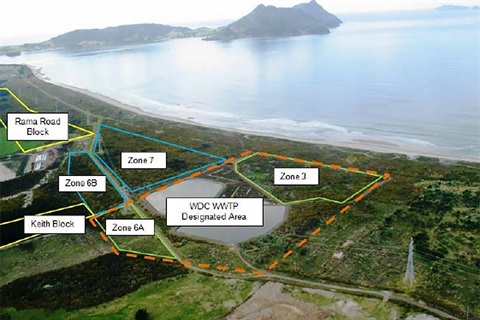 The Ruakaka Wastewater Treatment Plant showing Zone 3, Zone 6A, Zone 6B and Zone 7.  Zone 6B and Zone 7 are near Rama Road Block and are shown with a blue line around them. 