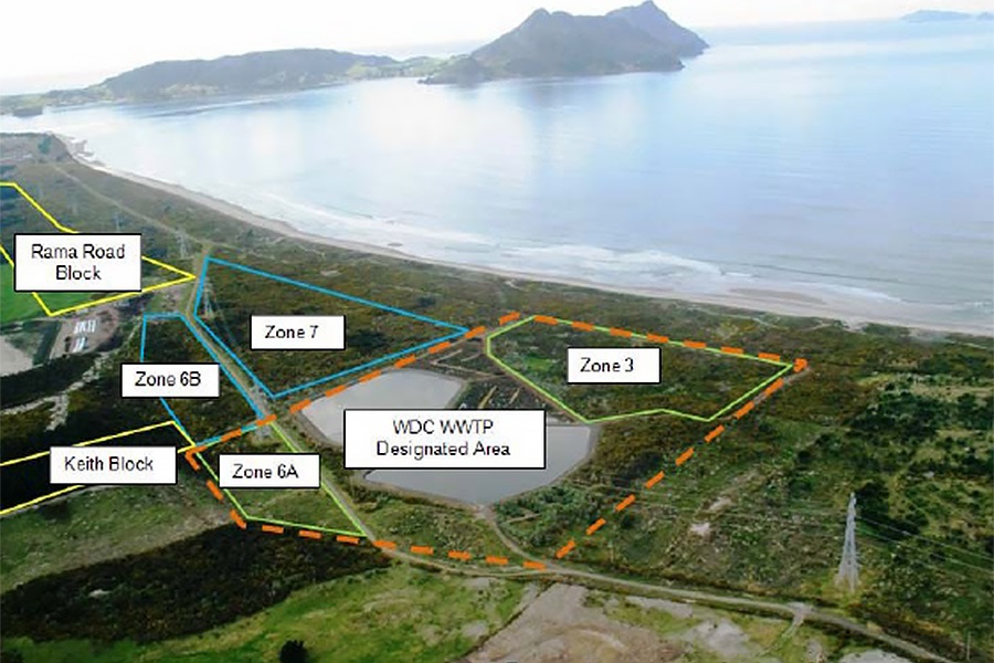The Ruakaka Wastewater Treatment Plant showing Zone 3, Zone 6A, Zone 6B and Zone 7. Zone 6B and Zone 7 are near Rama Road Block and are shown with a blue line around them.