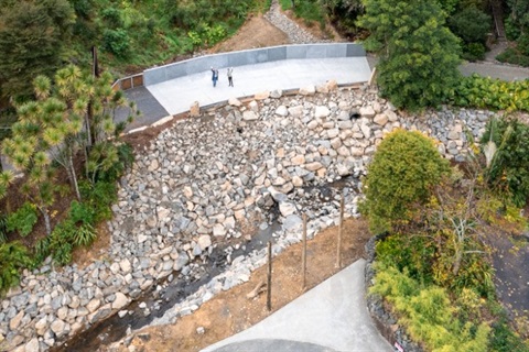 Aerial photo of the completed slip-remediation works at Whangārei Quarry Gardens. 