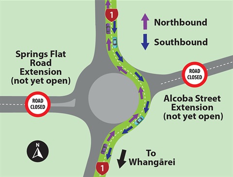A map showing the route for northbound and southbound traffic with labelled routes “Springs Flat Road Extension (not yet open) road closed” and “Alcoba Street Extension (not yet open) road closed.” 