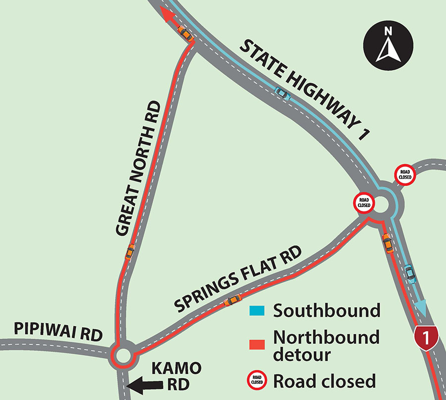 Map showing Northbound traffic will be detoured via Springs Flat Road and Great North Road before rejoining State Highway 1. 