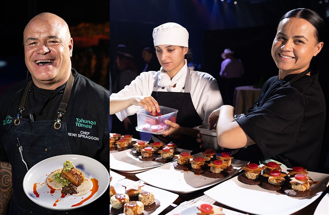 Collage of two kitchen scenes: On the left, a chef in a black apron holds a plated dish with sauce and garnish; on the right, a cook in a white hat carefully places pink toppings into a container and another chef arranges small, neatly plated appetizers on a table under dim event lighting.