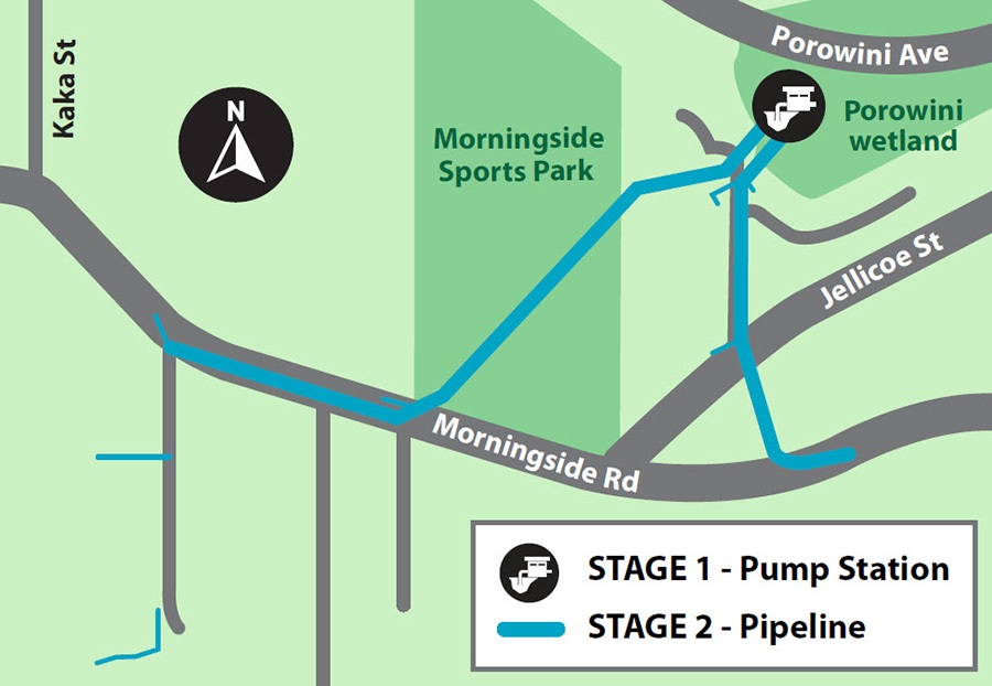 Map showing the two stages of the Morningside flood relief project. 