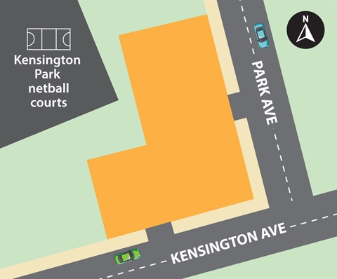 Map showing location of Kensington Sports Park carpark upgrade on the corner of Kensington Avenue and Park Avenue. 