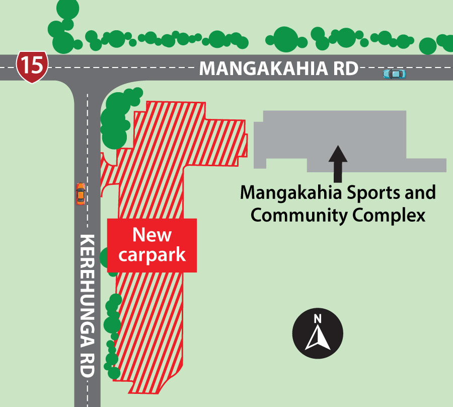 Map showing the location of the new carpark for Mangakahia Sports Complex, located on the corner of Mangakahia and Kerehunga roads. . 