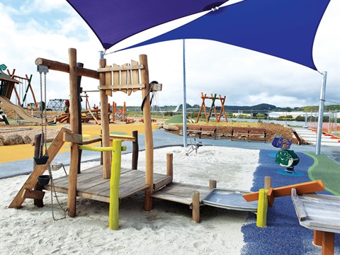 Pohe Island destination playground image showing sandpit, flying fox and other play equipment. 