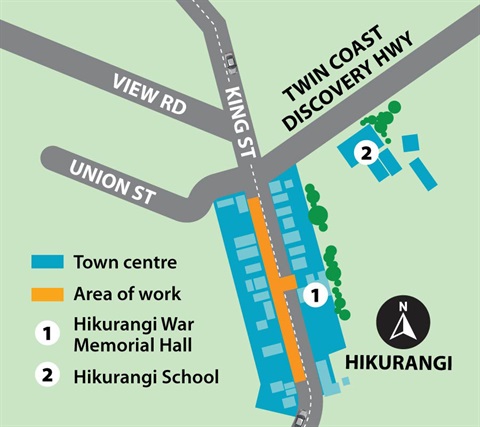 Map showing area of work for Hikurangi footpath renewals.