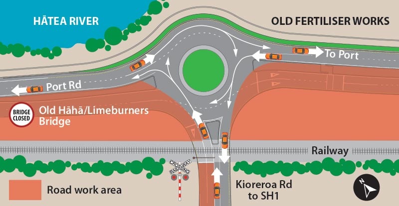 Map illustration showing the temporary road layout for the Port Road and Kioreroa Road project. 