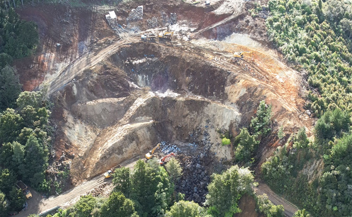 Aerial view of the Russell Road slip at Helena Bay Hill, taken in July 2026. 