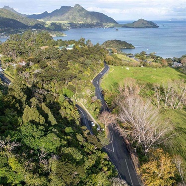 Aerial photo of the intersection of Whangarei Heads Road and Whangarei Heads School Road in Whangārei Heads. 