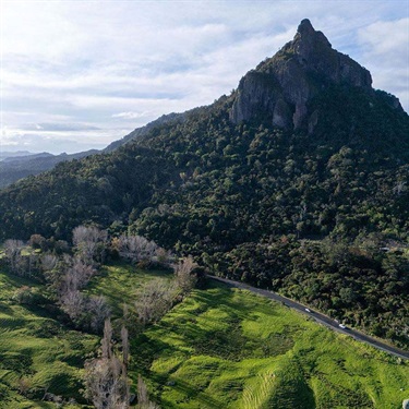 Aerial photo of the intersection of Whangarei Heads Road and Whangarei Heads School Road in Whangārei Heads. 