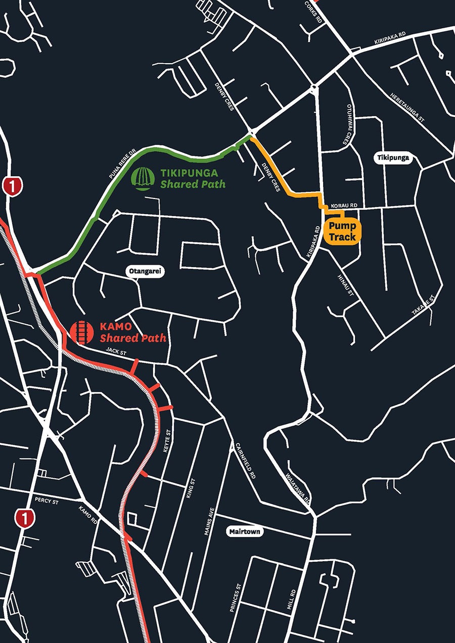 map showing route from Kamo Shared Path to the pump track.