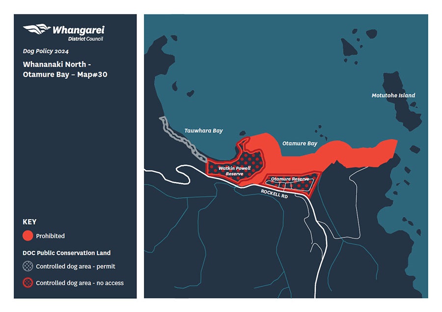 Map showing dog access rules for Whananaki North Otamure Bay.
