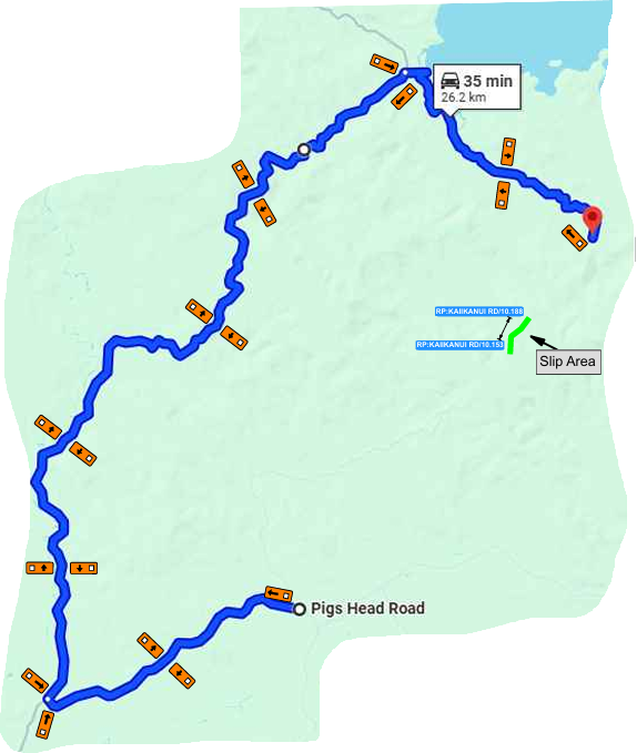 Detour map via Russell Road and Pigs Head Road.