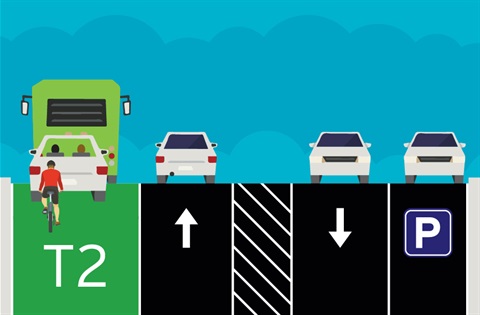 A graphic illustration showing the lanes of a road including a T2 lane. 