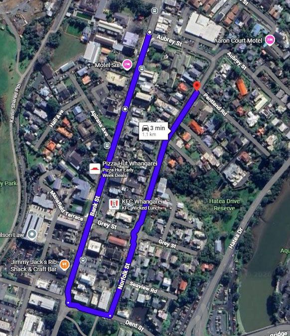Map showing detour route via Norfolk Street, Dent Street and Bank Street to avoid closure of Aubrey Street. 