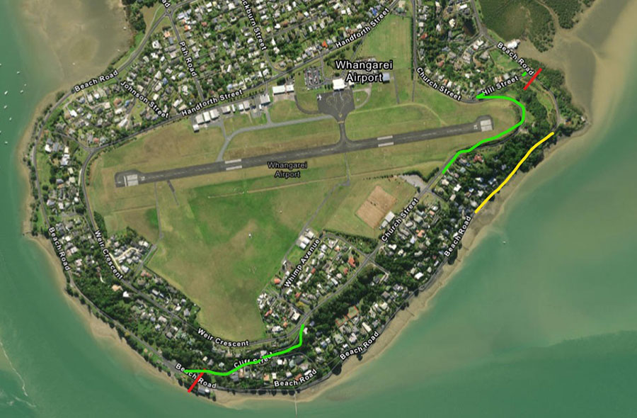 Map showing the section of Beach Road to be temporarily closed and the detour via Cliff Street, Church Street and Hill Street. 