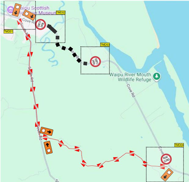 Map showing detour for Cove Road bridge closure. 