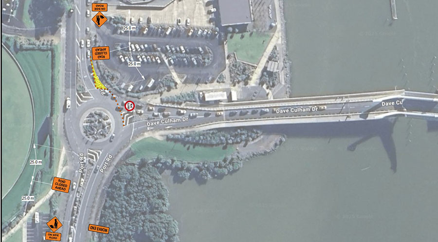 Map showing area of Dave Culham Drive closed for repair of Te Matau a Pohe bridge. 
