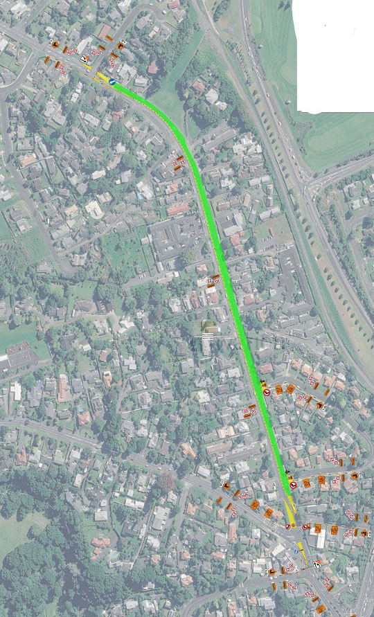 Map showing area of works on Kamo Road between between Whau Valley Road and Adams Place. 