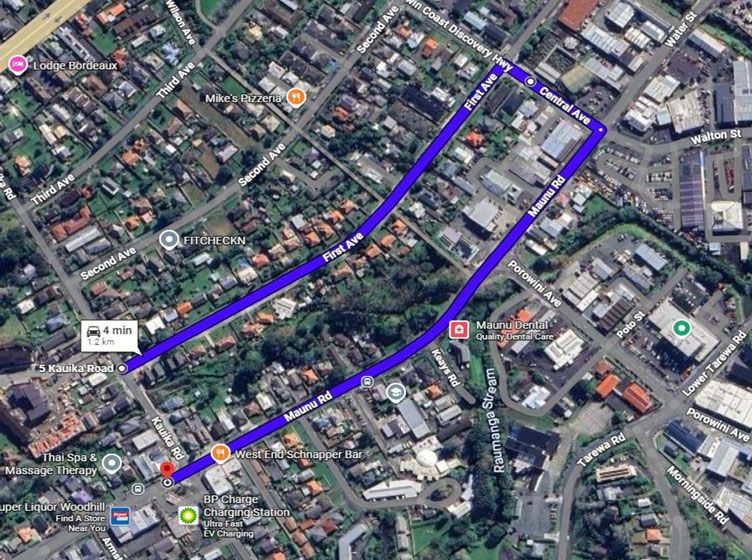 Map showing detour (via Maunu Road, Central Ave and First Ave) to avoid road closure on Kauika Road. 