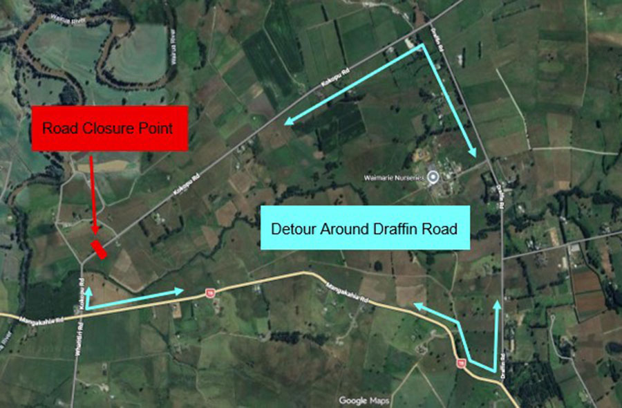 Map showing a road closure on Kokopu Road. A detour route follows Mangakahia Road and Draffin Road. 