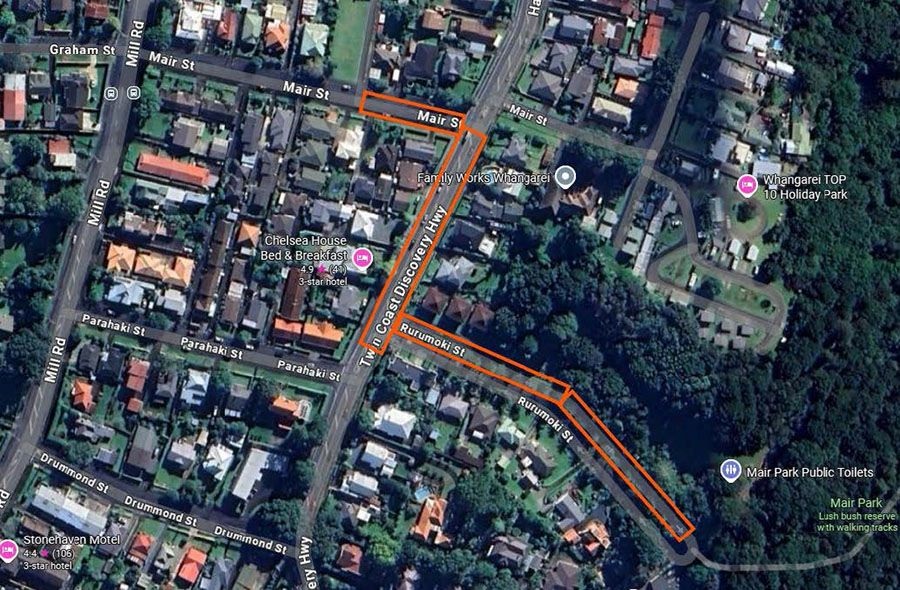 Map showing area of works on Rurumoki Street, Hatea Drive and Mair Street.