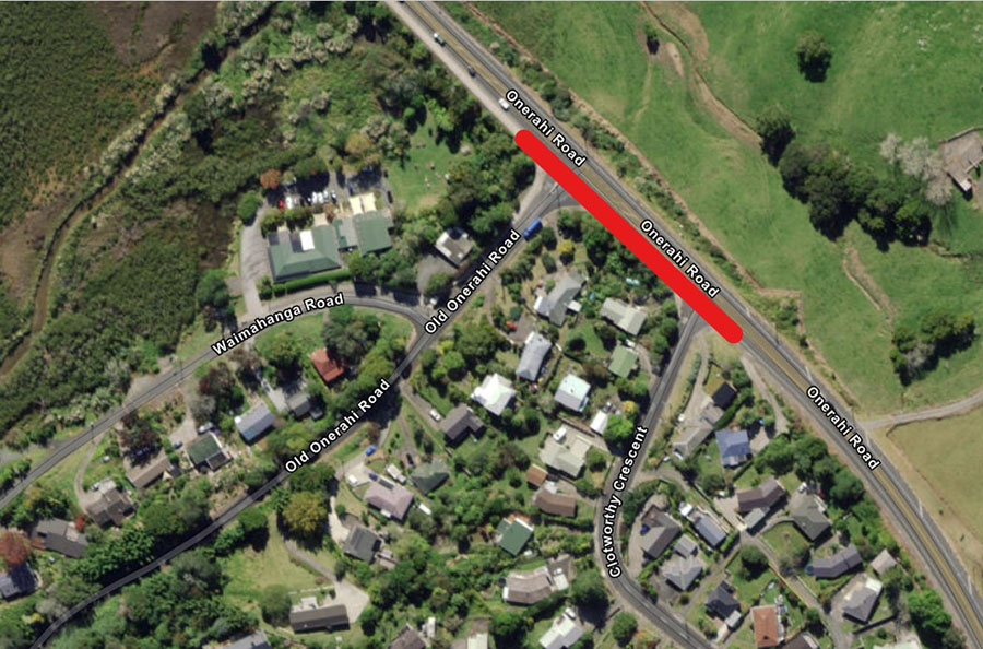 Map showing area of road safety improvements on Onerahi Road (between Old Onerahi Road and Clotworthy Crescent).