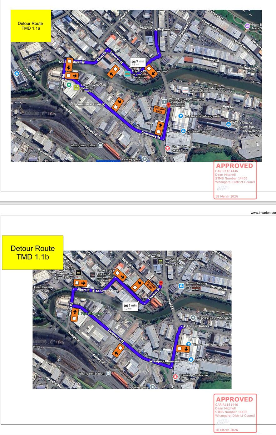 Maps showing detour routes for closure of Reyburn Street bridge. 