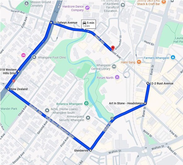 map showing detour route to avoid Rust Avenue road closure. 