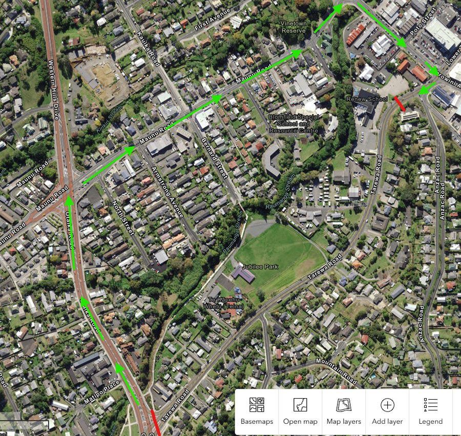 Map showing detour route for closure of Tarewa Road. 