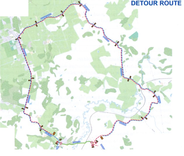 Map showing detour via Maungakaramea Road, Hayward Road, Mangapai Road and Waiotira Road. 