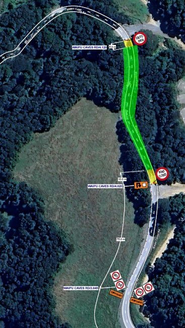 Map of road closure on Waipu Caves Road.