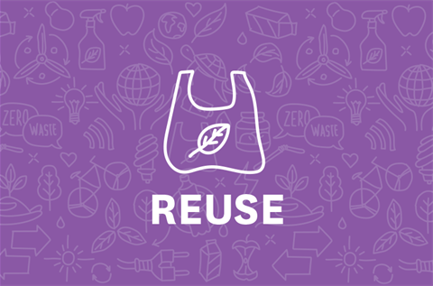 An illustration showing a reusable shopping bag on a purple background with Reuse written underneath. 